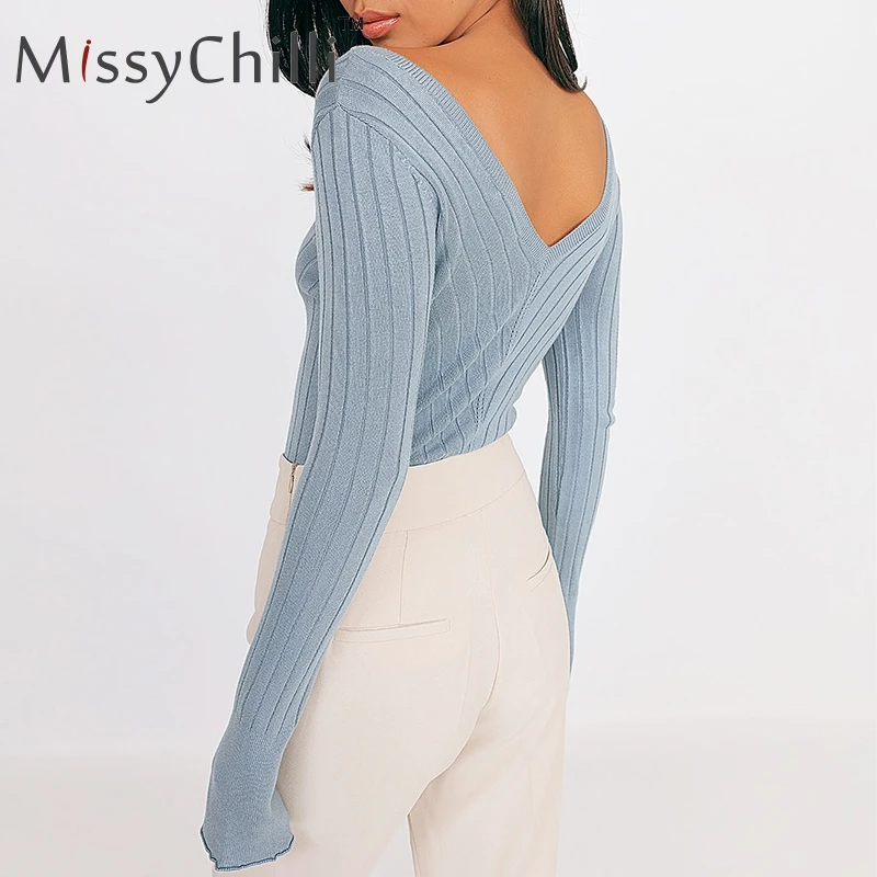 MissyChilli Knitting bodycon long sleeve summer sweater Women v neck soft solid pullover Female sexy white slim fitness jumper | Женская