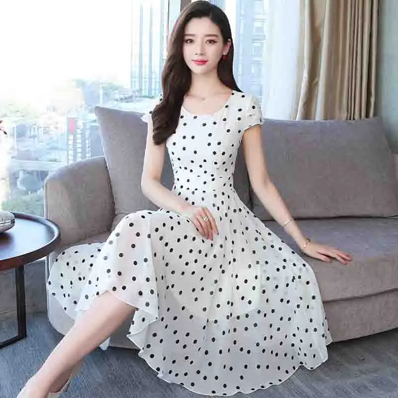 Шифоновое платье Для женщин летние горошек печати с коротким рукавом vestidos mujer 2019
