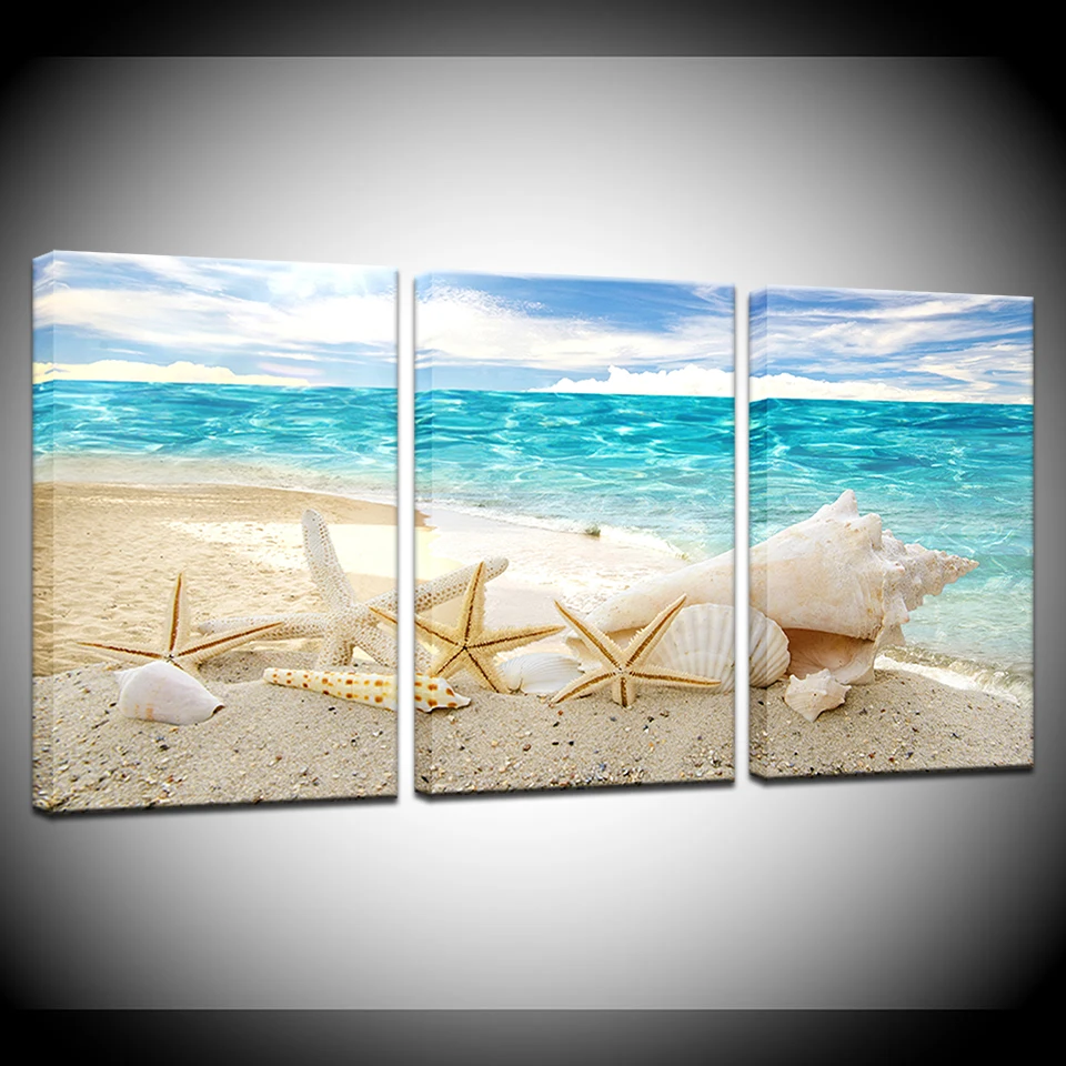 Морская звезда раковины пляж морской пейзаж HD обои 3 панели постер и печать холст