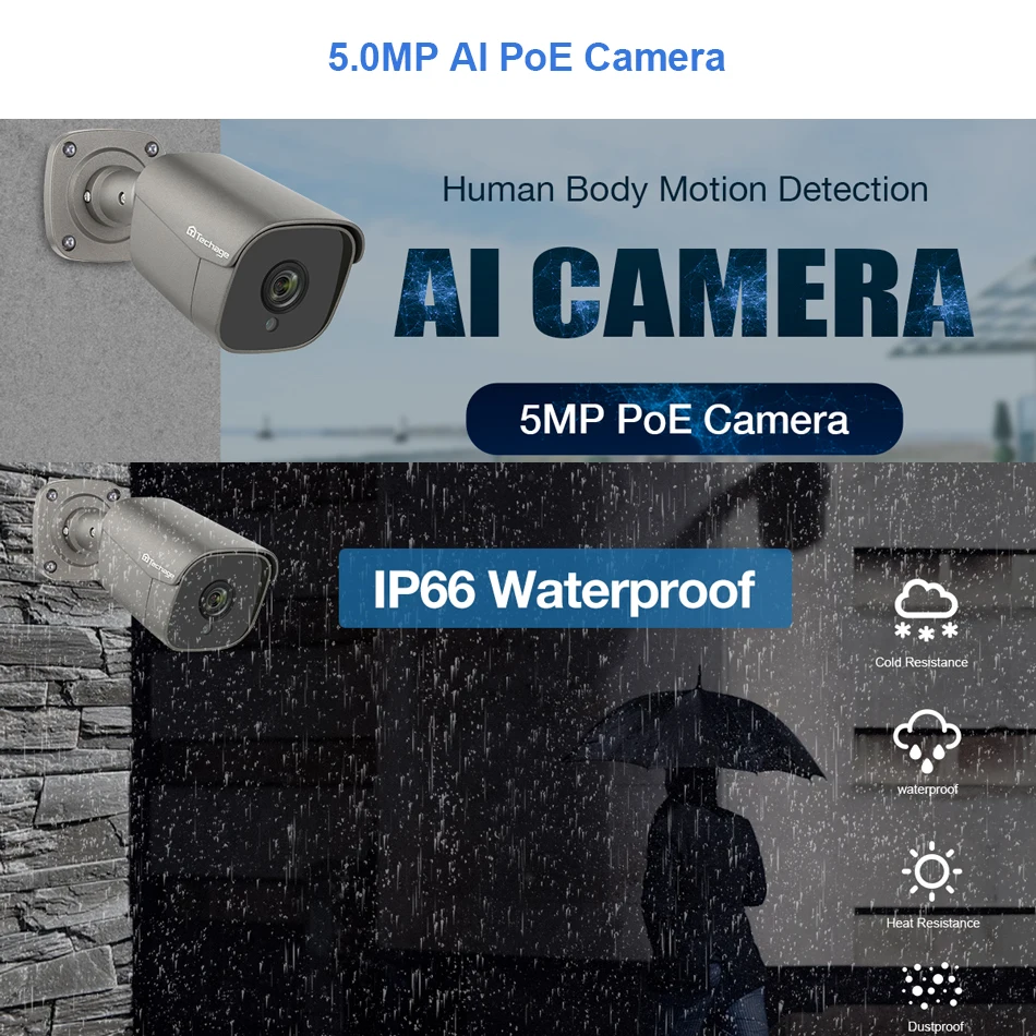 IP камера Techage 5 Мп POE с обнаружением человека наружная видеонаблюдения дуплексным