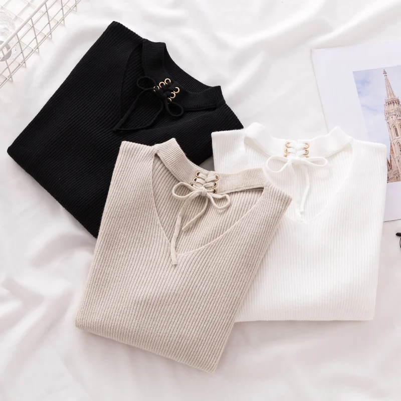 AOSSVIAO 2021 Casual Spring Women Slim Sweater Winter Knitted Lace Up Long Sleeve Knitting Pullover Womens Sweaters | Женская одежда