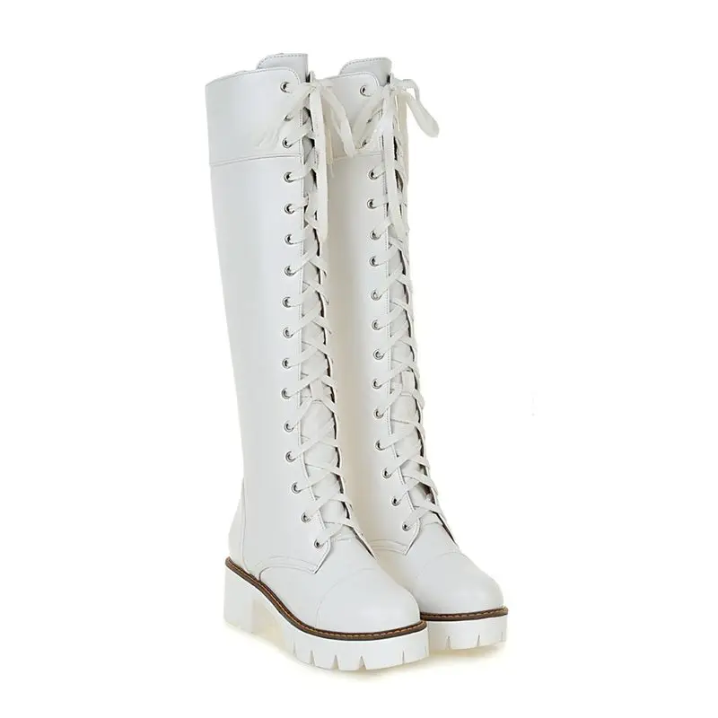 white MORAZORA/Большие размеры 34-43; новые модные женские ботинки на шнуровке сапоги до колена из мягкой искусственной кожи женские осенние мотоботы на платформе - Цвет: white