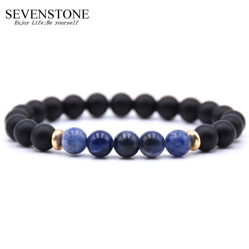SEVENSTONE модные популярные 8 мм матовый черный натуральный камень пара браслет
