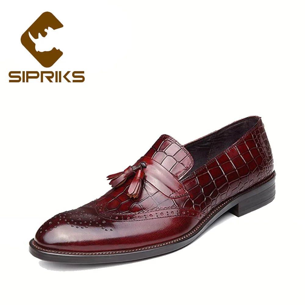 

Sipriks Mens Leather Loafer With Tassels Burgundy Wingtip Dress Shoes Classic Office Boots Slip On Tassels Italian Footwear 44
