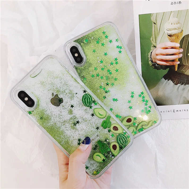 Fashion Liquid Avocado Watermelon Cactus Phone Cases For iPhone 6 6s 7 8 Plus X XS XR XSMAX Dynamic Quicksand Back Cover Capa | Мобильные