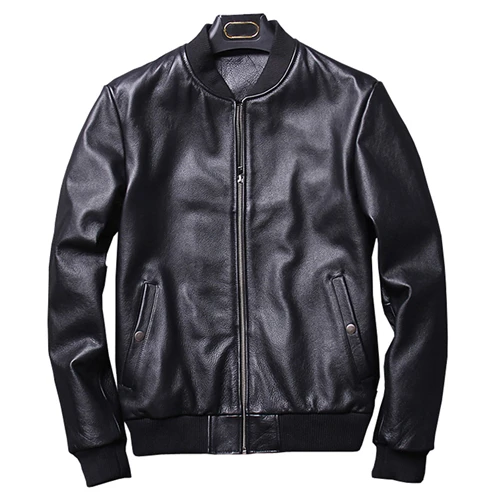 cow leather Осень, модная мужская куртка из натуральной кожи, классический стиль бомбера, мотоциклетная куртка из натуральной кожи, Мужская черная куртка из овчины, новинка - Цвет: cow leather