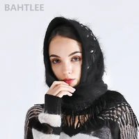 bahtlee autumn winter womens angora rabbit turban hijab poncho triangular shawl scarf real fur wrap knitted cloak cape