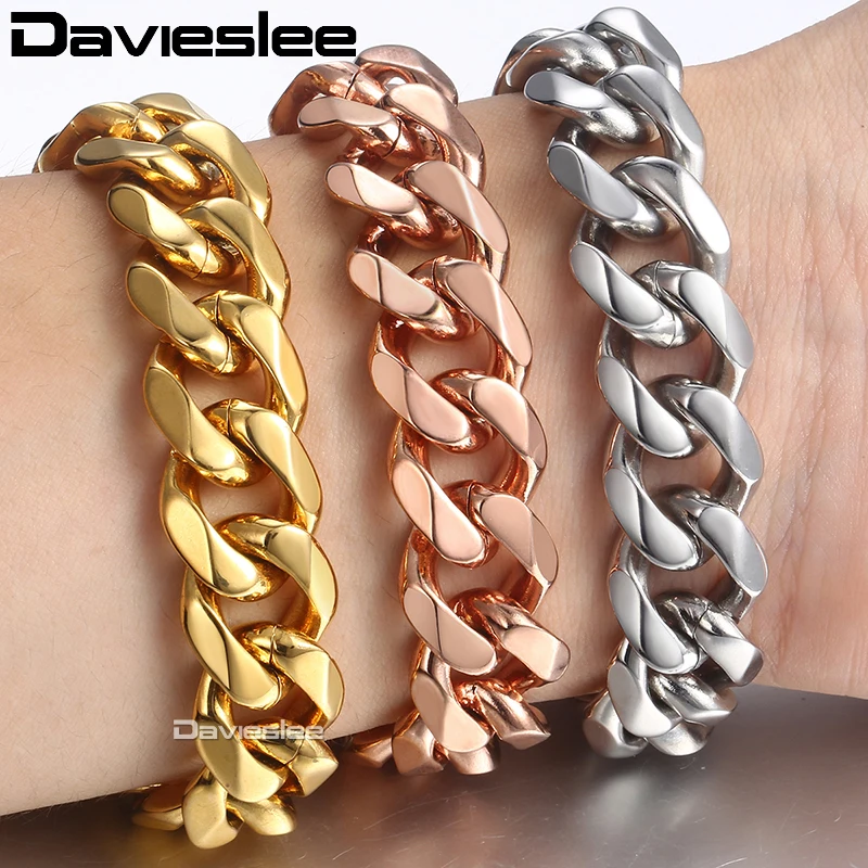 Davieslee Bracelets For Men Rose Gold Silver Color Curb Cuban Link Chain Stainless Steel Men Bracelet 2018 Jewelry 14mm LKBM25