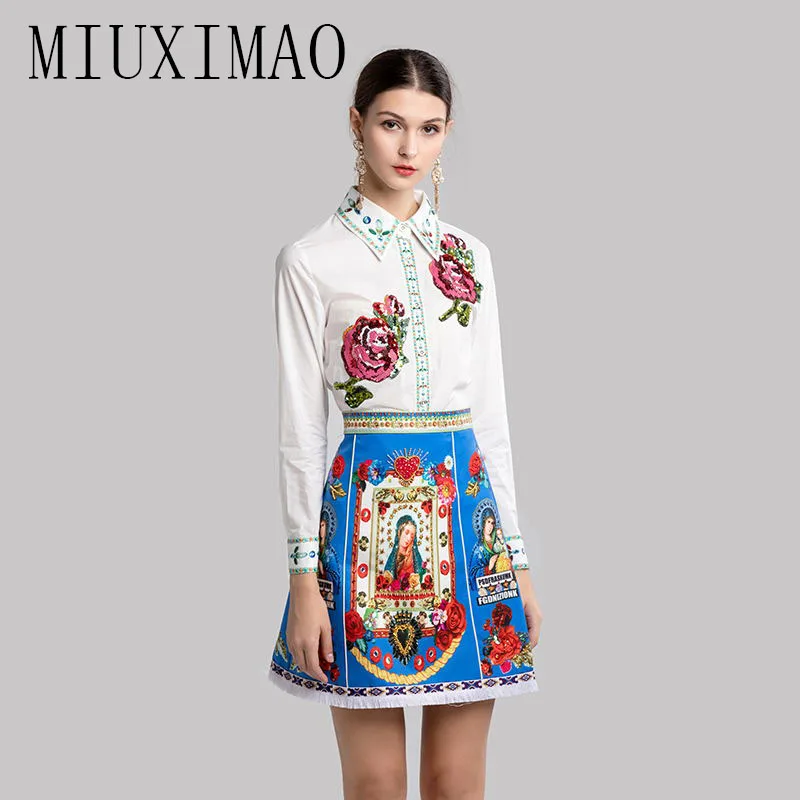 

Europe Fashion 2019 Spring Newest jumpsuit Vintage A-LineFull Sleeve Appliques Beading Above Knee Two-Piece Set Dress Women