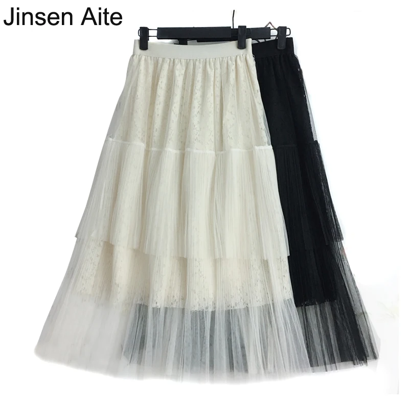 

Jinsen Aite 2018 Autumn Summer Women Long Skirt Full-length High Waist Vintage Skirt Mesh Pleated Tulle Skirt Faldas Mujer JS109