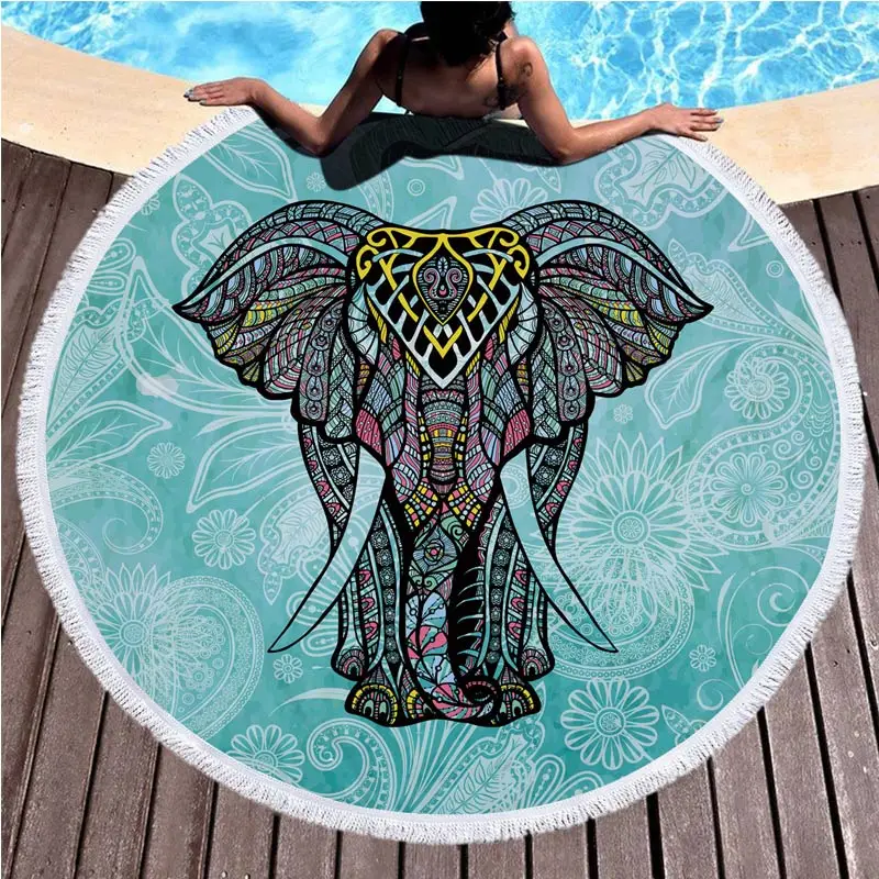 

Lannidaa Boho Elephant Tassels Tapestry Blanket Microfiber Round Beach Towel Throw Yoga Mat Sunblock Tolla Carpet Circle 150CM