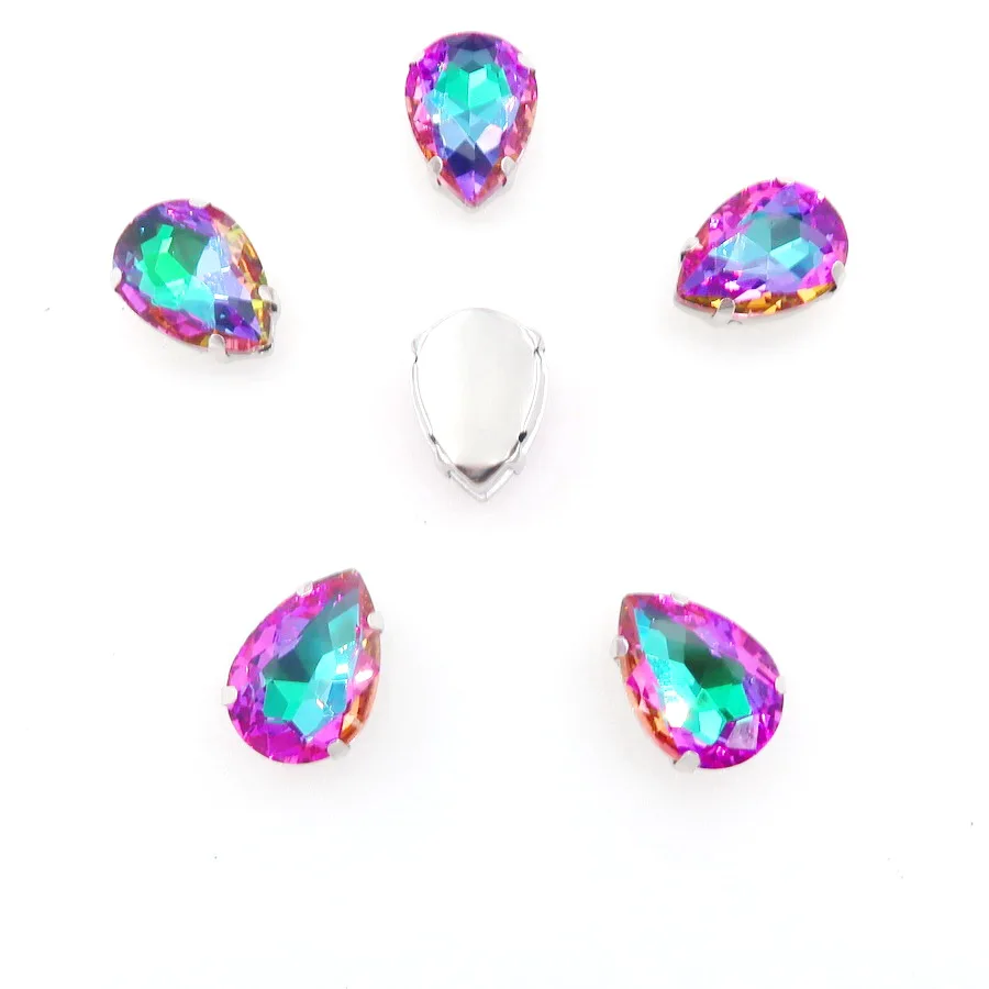 A4 Emerald rainbow Серебряный коготь настройки радуга и желе AB стекло кристалл 7*10 10*14 13*18 мм форма капли пришить стразы для одежды diy обрезки - Цвет: A4 Emerald rainbow