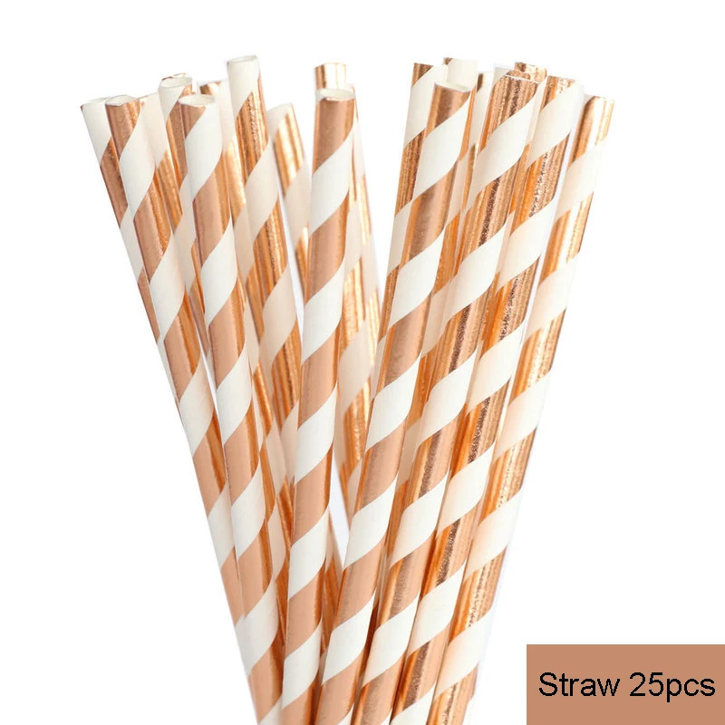 Straw 25pcs Rainbow Paper Plates Cups Straw Tableware Birthday Party Decorations Adult Rose Gold Summer Wedding Bachelorette Party Supplies - Цвет: Straw 25pcs