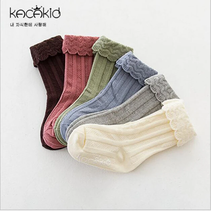 Adorable lace cuff princess socks baby girls solid stripe cotton knee high long children leg warmers 0-4t | Детская одежда и обувь