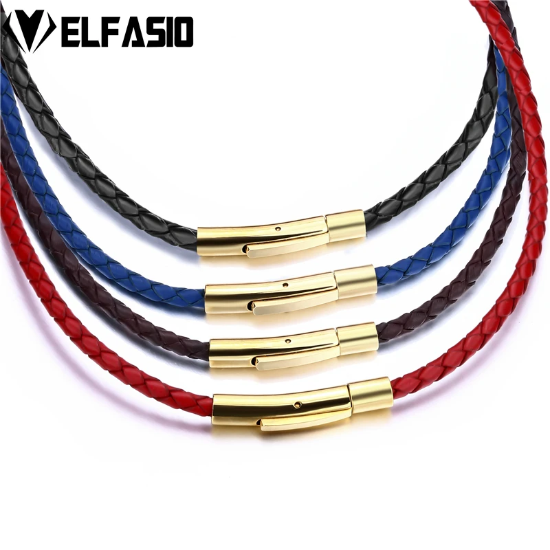 3mm Mens Womens Multicolor Braided Genuine Leather Cord Gold Stainless Steel Secure Clasp Necklace Chain Wholesale Jewelry | Украшения и