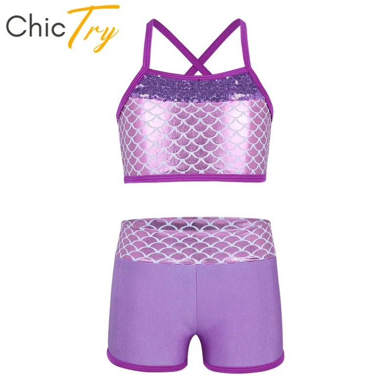 

ChicTry Kids Teens Sequins Tankini Mermaid Scales Stage Dance Costume Children Girls Gymnastics Ballet Crop Top with Shorts Set