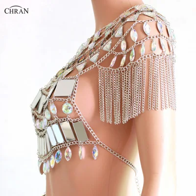 Chran орошаемое зеркало майка EDM вечерние цепочка с бахромой плечо ожерелье Rave Bra Bralete фестиваль костюм одежда ювелирные изделия CRS418