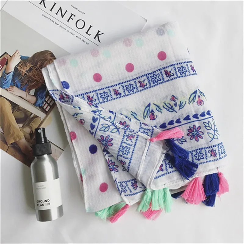 Мусульманский хиджаб с кисточками бандана из пашмины цветочным принтом в