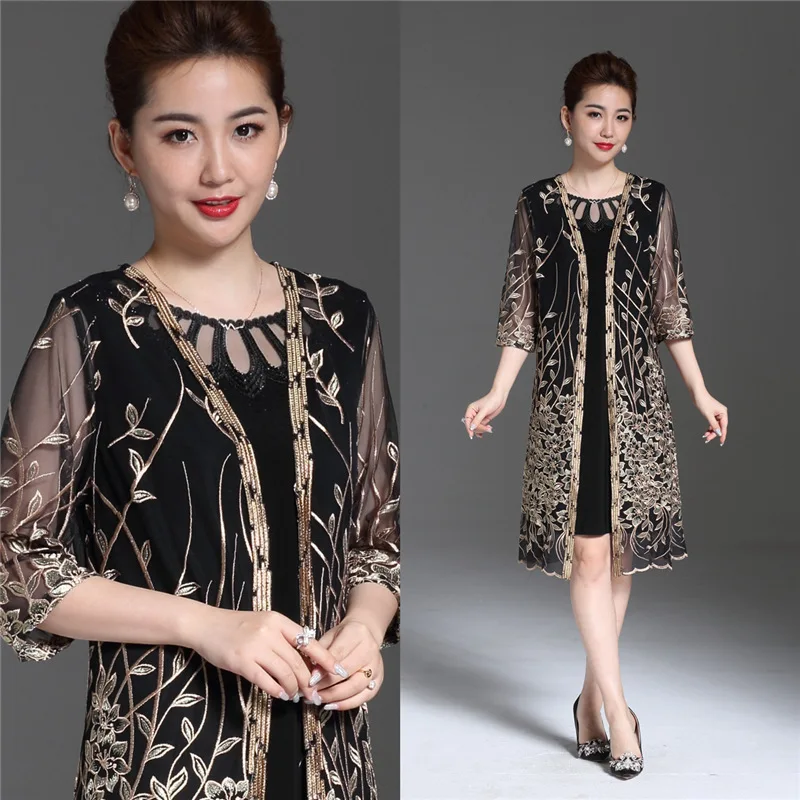 Женское платье средней длины элегантное двойка большого размера с рукавом до