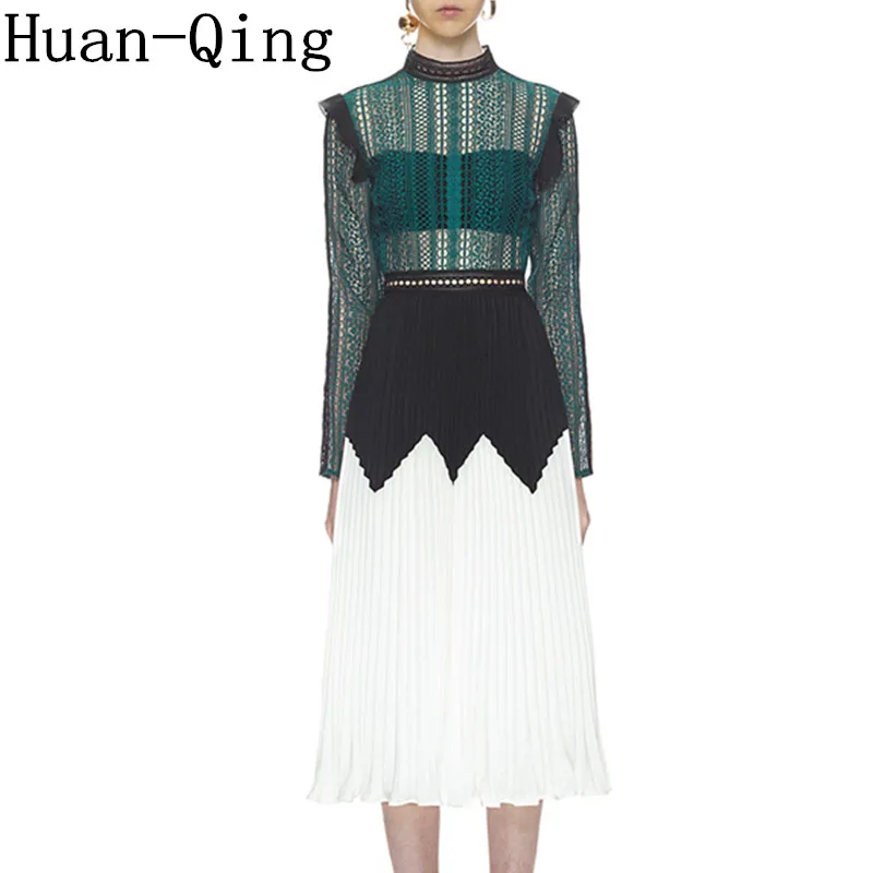 Autumn Self Portrait Lace Dress Runway Women Chiffon Patchwork Long Sleeve Pleated Sexy Crochet Hollow Out Party Dresses | Женская