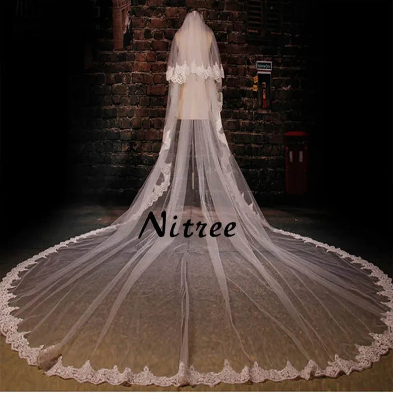 

2017 3.5M Women Wedding Veils Lace Appliques Edge 3M Width Bridal Veil Two Layers Veil With Comb Vestido de noiva High Quality