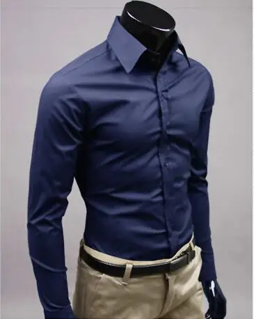 navy blue 2019Men рубашка с длинным рукавом модные мужские Повседневное рубашки хлопок сплошной Цвет Бизнес Slim Fit социальные Camisas Masculina RD464 - Цвет: navy blue