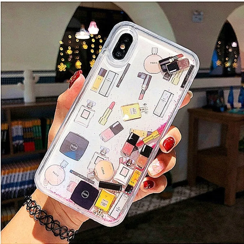 Косметический чехол с сияющими блестками чехол для iPhone 7 XS Max XR X 6 8 Plus жесткая динамическая жидкая косметика Помада флакон для парфюма чехол для телефона