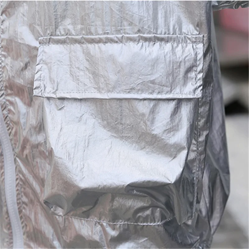 

2019 Summer Sunscreen Thin jacket women Streetwear Fashion Big pocket Ribbons Silver Jackets Female Loose Plus size Basic coat