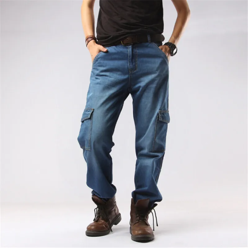 denim blue pants 01 Мужские джинсовые прямые брюки с несколькими карманами, пэчворк, плюс размер, джинсы, модные Свободные повседневные винтажные джинсы, мужские зимние теплые A3264 - Цвет: denim blue pants 01