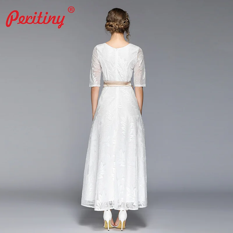 Peritiny 2019 Летнее Длинное платье белое кружевное Мягкое с коротким рукавом и