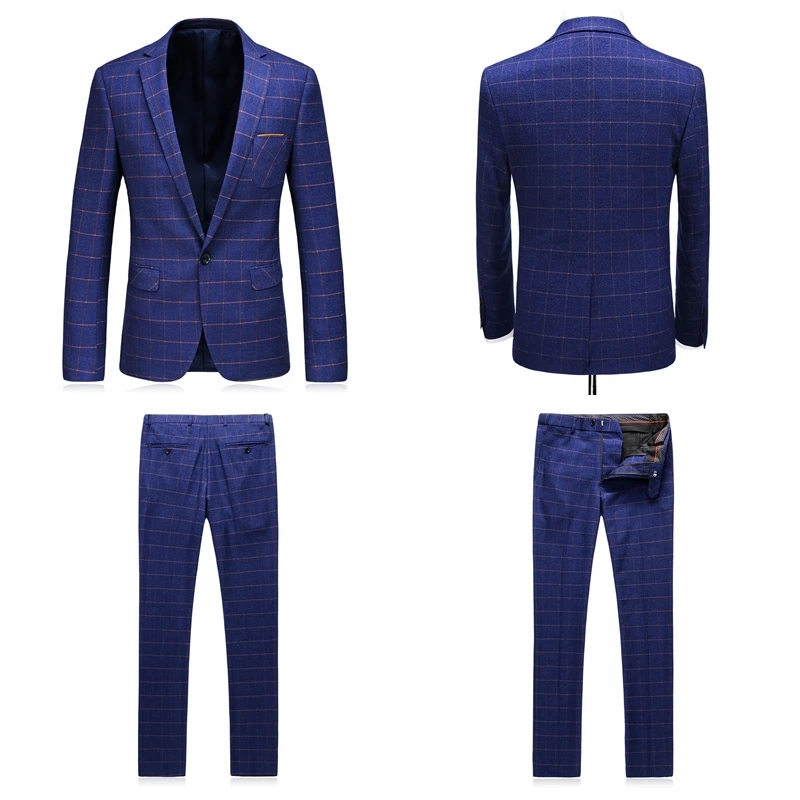 Men's Suits Formal 3 Piece Suit With Pants Vest Plaid Casual Blazer jacket Slim Fit Business Male Suits Flat Pants