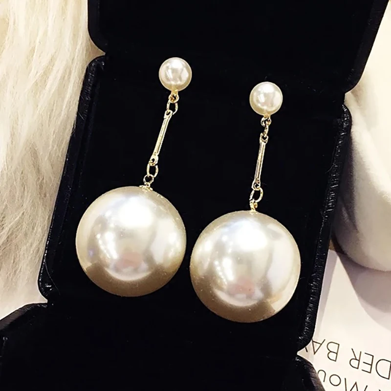 Элегантные двойные большие серьги с поддельными жемчужинами для девочки на свадьбу невесты вечеринку большой шарик подвеска бижутерия 2018 года.