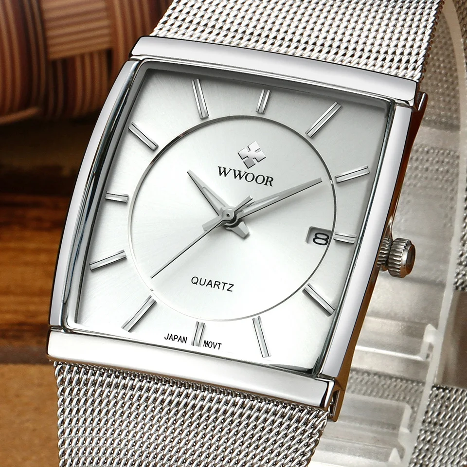 

Rectangular Casual Business Waterproof Strip Quartz Watch Sports Fashion Men Watch Silver Mesh Band Male Clock Calendar Waches