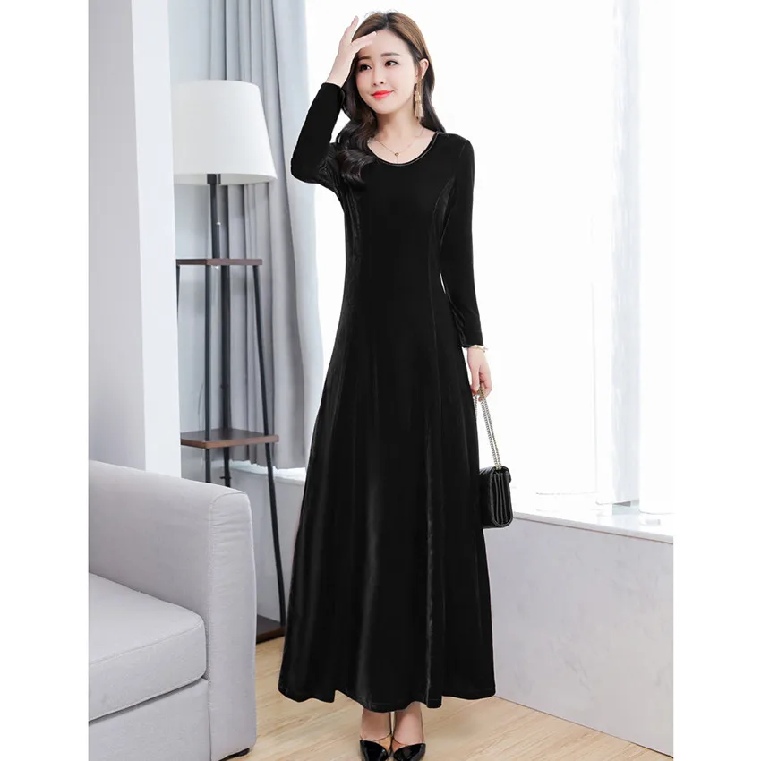 black O-neck 3XL женские офисные платья с длинным рукавом, винтажное зеленое черное бархатное платье, осенне-зимнее платье размера плюс, женское платье - Цвет: black O-neck