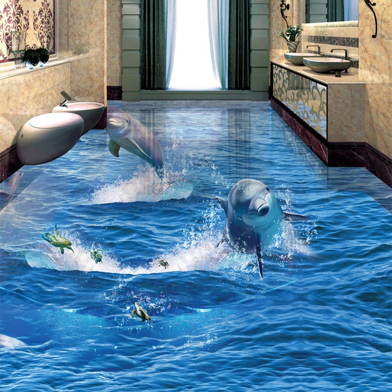 

PVC Self Adhesive Waterproof Creative Jumping Dolphin Photo Wallpaper 3D Floor Mural Living Room Bathroom Wear Non-slip Stickers