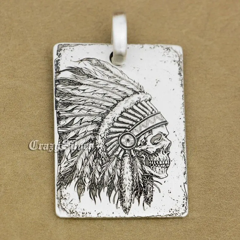 Fashion High Precision Deep Engraved Character Tags Solid 925 Sterling Silver Cool Men's Biker Indian Chief Skull Pendant 9X002 |