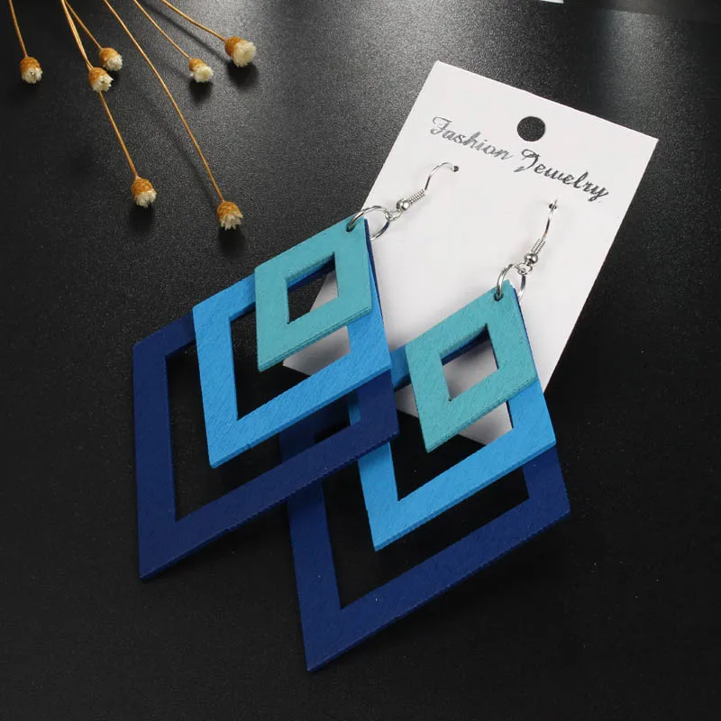 

1Pair Multilayer Indian Big Africa Circle Square Drop Earrings Round Geometric Wooden Natural Wood Rectangle Women Hollow