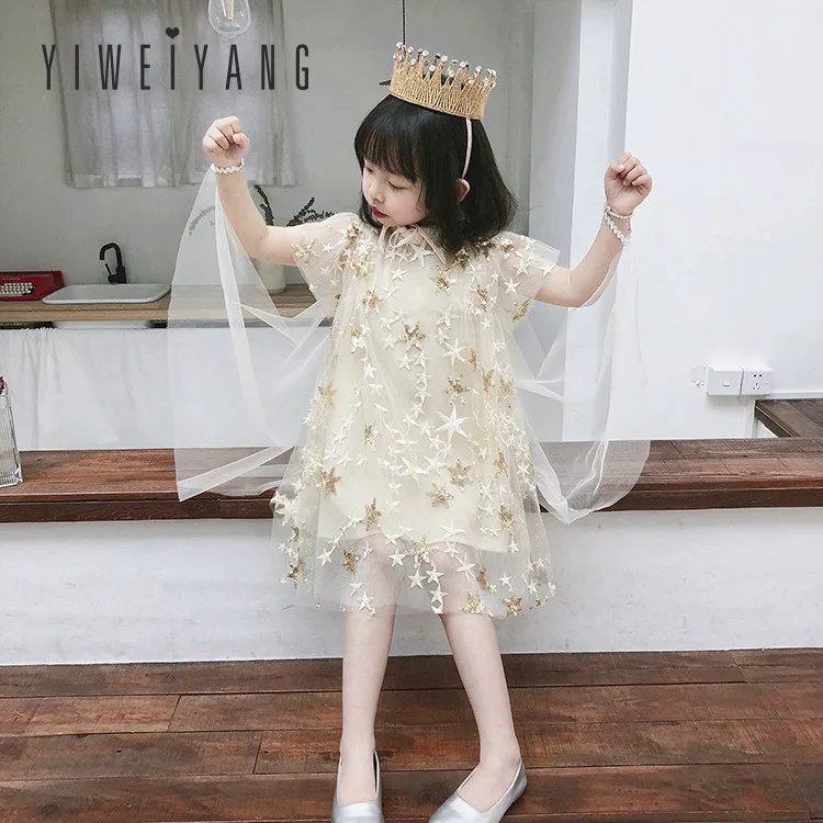 Лето 2019 новое модное милое платье с блестками и звездами принцессы для девочек