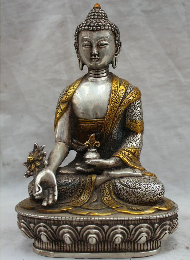 

[old craft ] 8" Tibet Tibetan Buddhism Silver Gild Menla Medicine Buddha Medical God Statue (A0314)