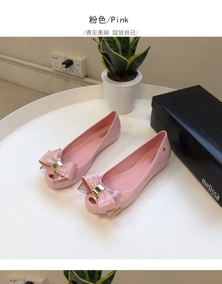 Melissa/ г. Оригинальные женские сандалии на плоской подошве, прозрачная обувь с широко открытым носком на мягкой подошве с пластиковым бантом Женская обувь в Корейском стиле