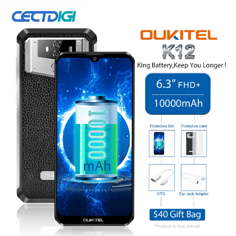 OUKITEL K12, 6 ГБ, 64 ГБ, Android 9,0, капля воды, 6,3 дюймов, FHD+ 10000 мАч, 5 В/6A, 1080*2340, 16 МП, смартфон, распознавание лица, OTG, NFC, мобильный телефон