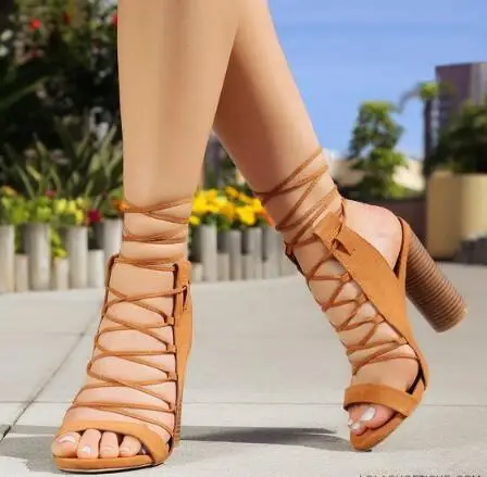 Online Carpaton Musim Panas Seksi Baru Warna Solid Suede Tali Silang Super Tinggi Tumit Sandal Fashion Tebal Heel Sepatu Wanita Sepatu Coklat