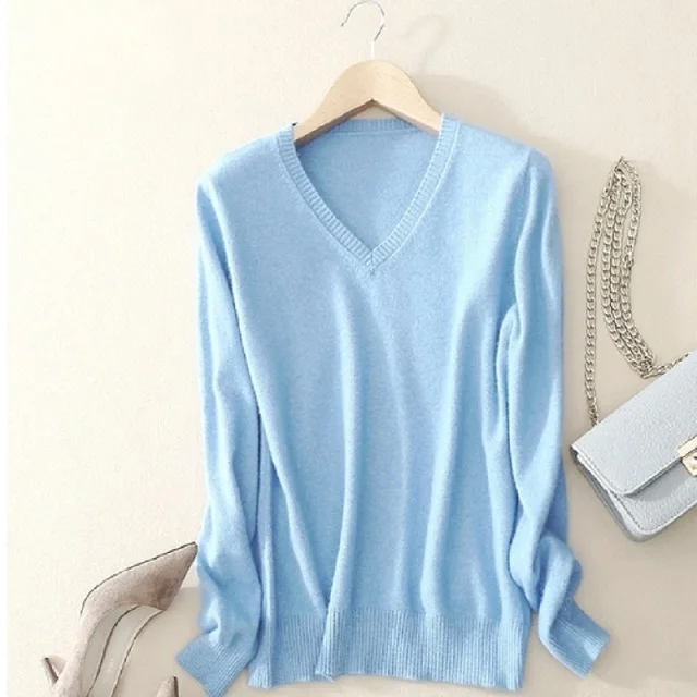 Light blue Шерстяной свитер женский однотонный пуловер свитер с v-образным вырезом женский свитер с длинными рукавами - Цвет: Light blue
