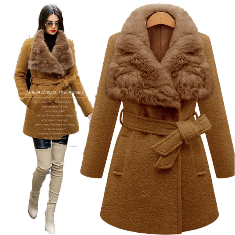 2016 Новая Зимняя Большой Кролик Шерстяное Пальто Воротник С Длинными Талии Xl мода