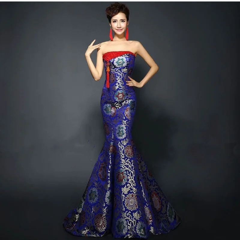 Женское вечернее платье Qipao королевское синее длинное без бретелек с открытой