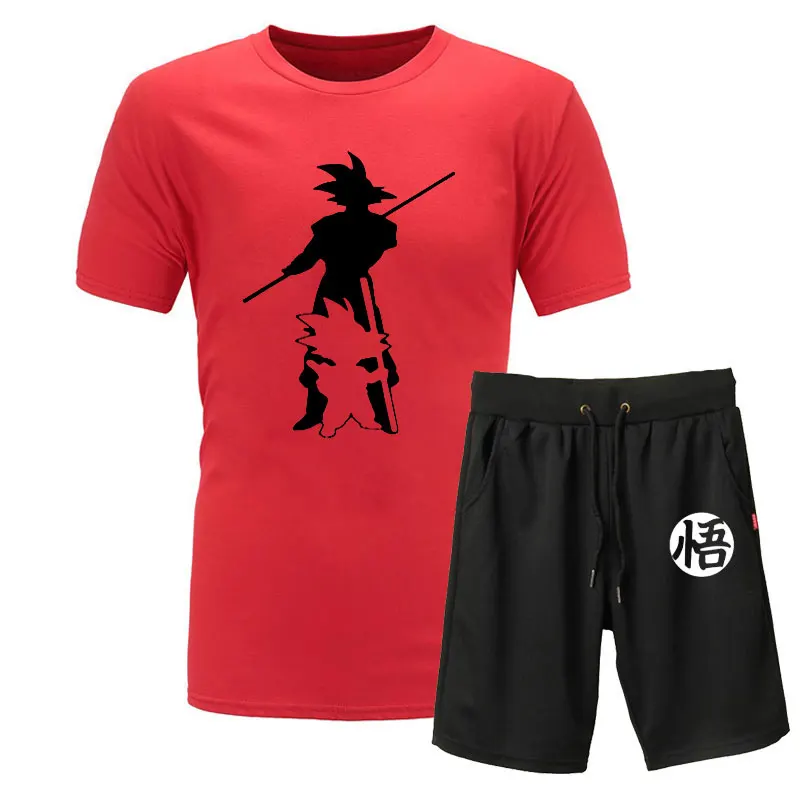 red and black 2 Новинка года; летняя футболка с принтом «Жемчуг дракона Z Goku» из 2 предметов+ шорты; футболка с короткими рукавами и круглым вырезом Повседневная брендовая одежда Vegeta Harajuku - Цвет: red and black 2