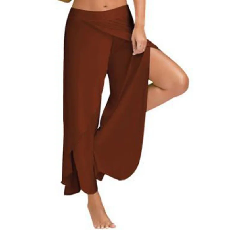 Coffee HUAN BEAUTY, для размера плюс, широкие, для ног, спортивные штаны, для женщин, стрейчевые, для женщин, широкие, для ног, раздельные, для танцев, длинные брюки, HB-Y8121 - Цвет: Coffee
