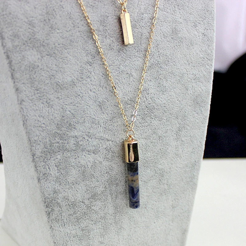 LongWay Fashion Gold Multilayer Necklace Pink Blue Natural Stone Pendant Maxi Jewelry For Women SNE160091103 | Украшения и