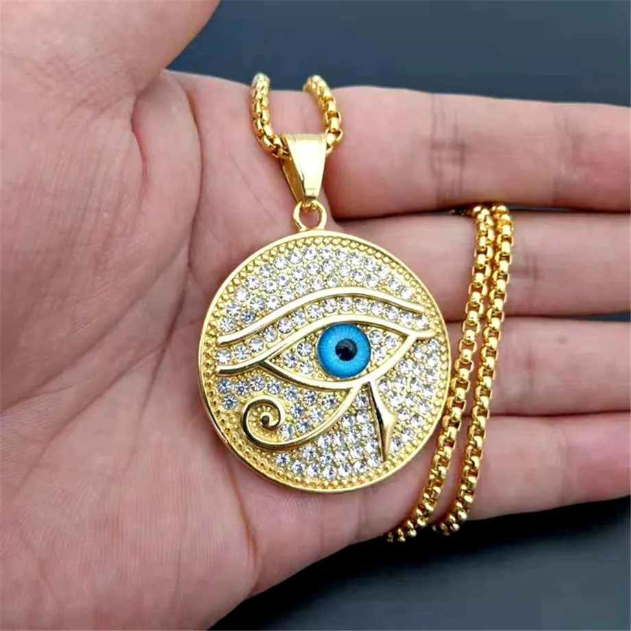 

Iced Out Eye of Horus Necklace & Pendant With Stainless Steel Chain Gold Color Bling Cubic Zircon Men's Hip hop Jewelry For Gift