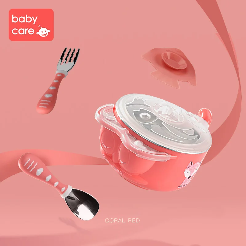Coral powder-3 piece BabyCare 5 шт./компл. детский браслет из силиконовой нержавеющей стали столовые приборы для младенцев посуда с мультяшными присосками салат глубокая чаша набор - Цвет: Coral powder-3 piece